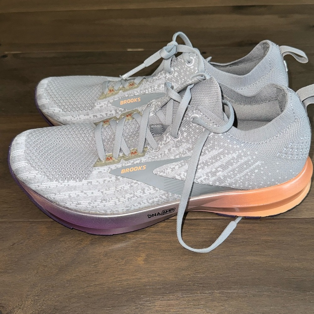 Brooks Women's Light Gray Running Shoes with Peach and Purple Accents